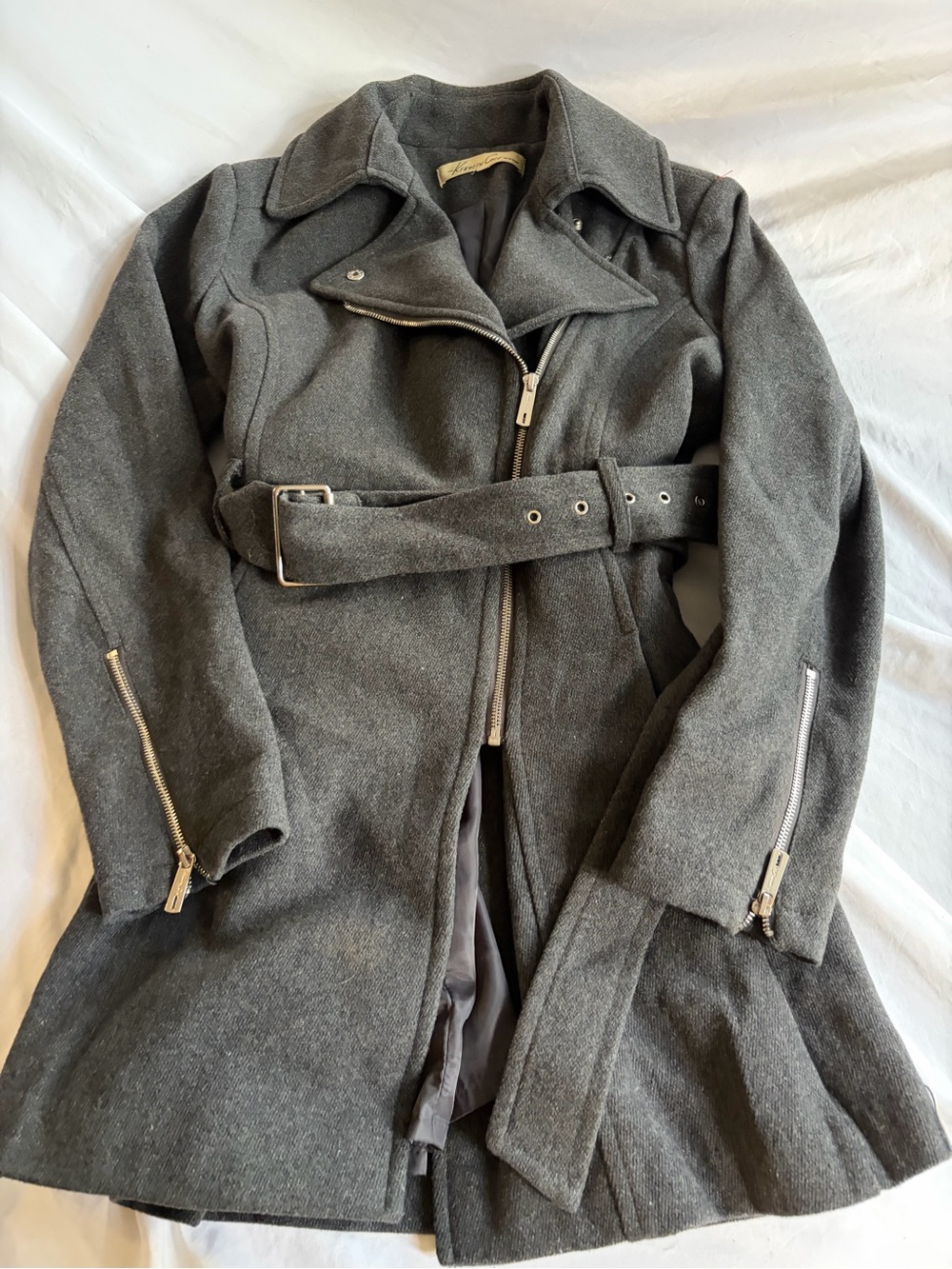 Kenneth Cole New York Wool Blend Belted Moto Pea Coat Charcoal Gray Size L